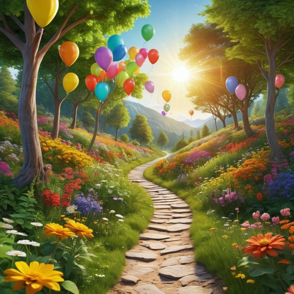A colorful landscape depicting a winding path through a lush green forest filled with blooming flowers, cheerful animals, and a bright sun shining above. A diverse group of people of different ages, joyfully walking and interacting along the path, symbolizing community and happiness. Inspirational quotes floating in the air like balloons. super-realistic. vibrant colors. 3D.