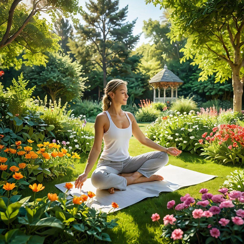 A serene scene depicting a bright morning with a person practicing mindfulness in a sunlit garden, surrounded by vibrant flowers and green trees, engaging in joyful activities such as yoga or journaling. A warm, inviting color palette reflecting happiness and tranquility. super-realistic. vibrant colors. soft lighting.
