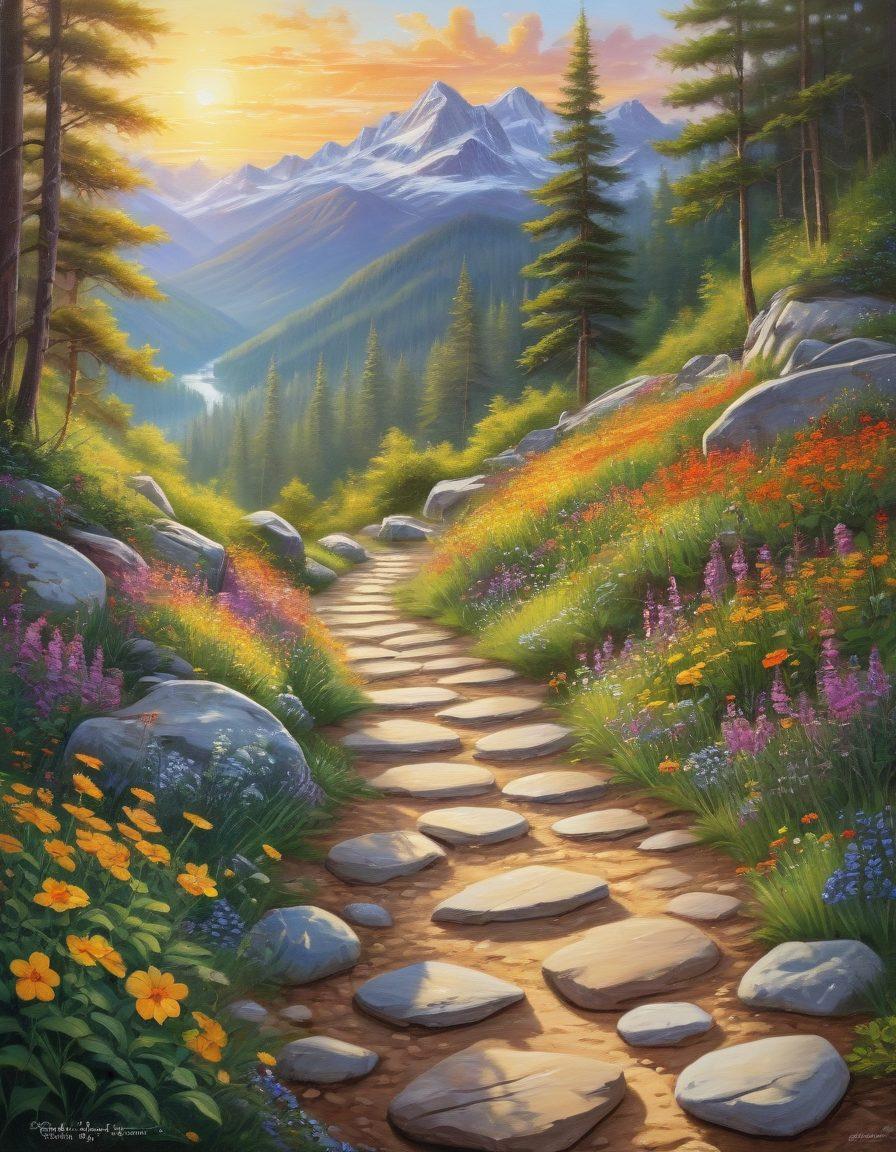 A serene landscape featuring a winding path through a lush forest, dotted with vibrant wildflowers and uplifting quotes engraved on stones along the way. In the distance, a bright sun rises over mountains, casting a warm, golden light. Include joyful hikers with smiling faces, immersed in nature's beauty, illustrating a sense of adventure and happiness. painting. vibrant colors. peaceful atmosphere.
